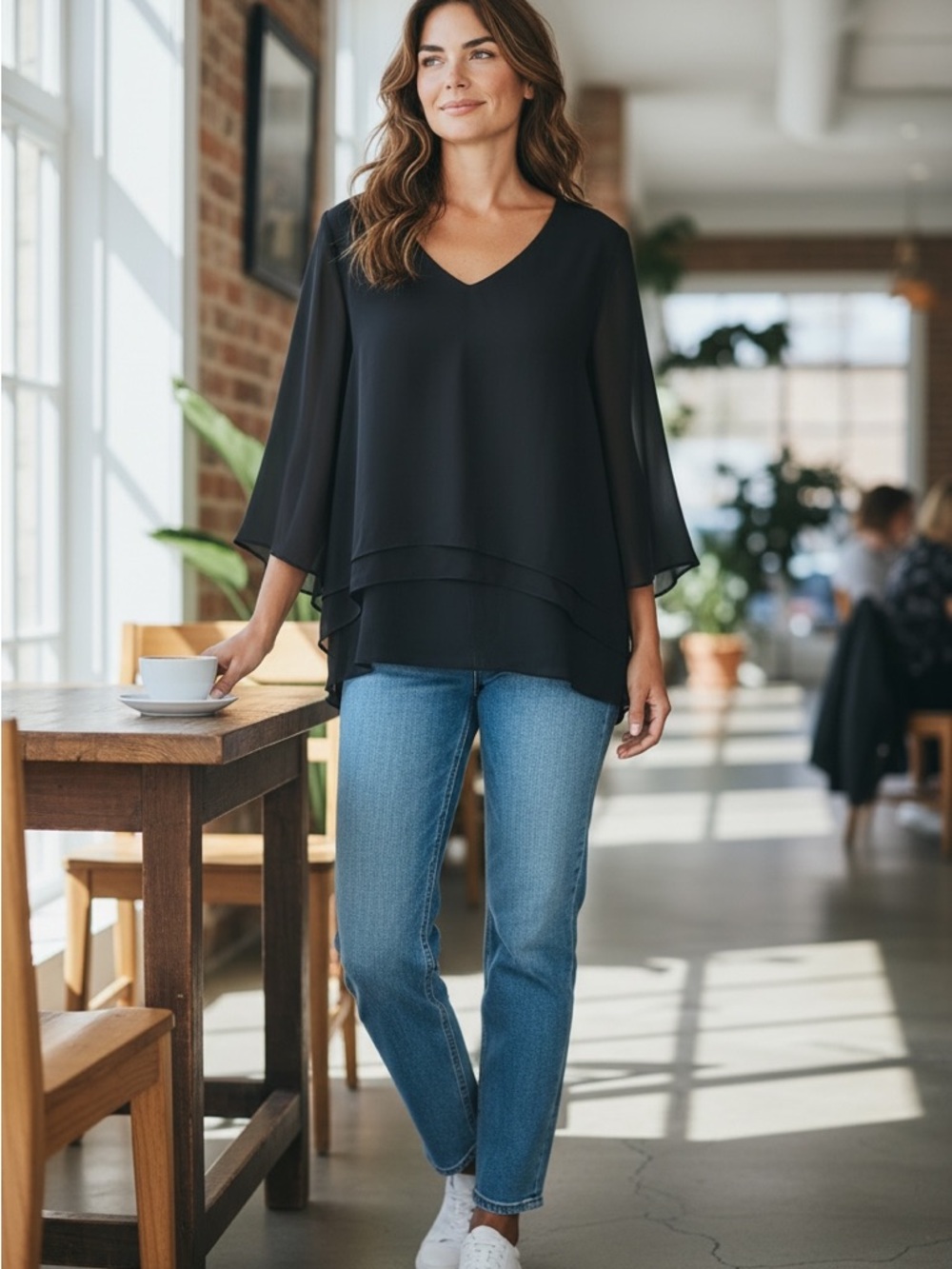 Jennifer Lopez Black Sheer Blouse NWT Layered Tunic Top Size Large Flowy